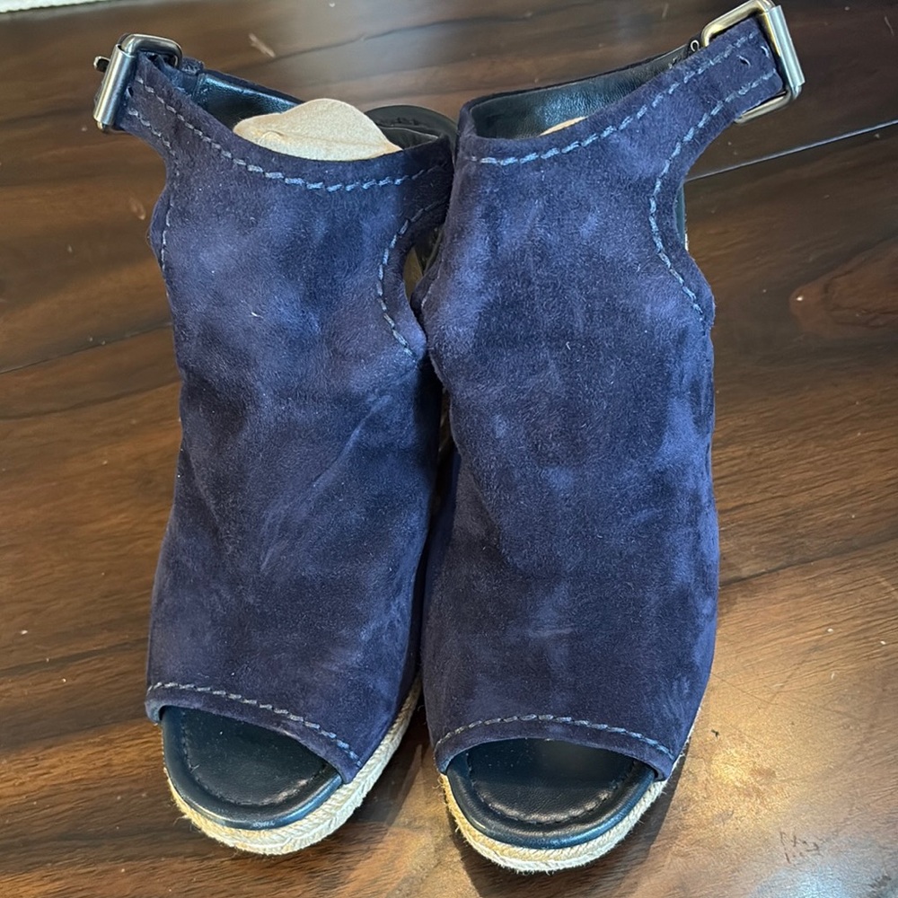 Prada Classic Navy Suede Rope Wedges Buckle Adjust Straps - Picture 1 of 11